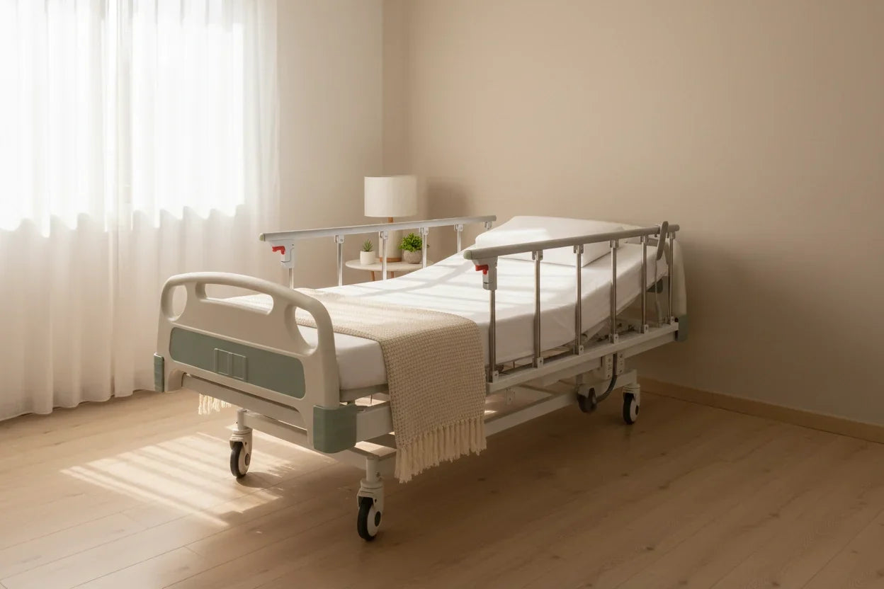 Cama hospitalaria eléctrica CE311R con colchón hospitalario en habitación domiciliaria