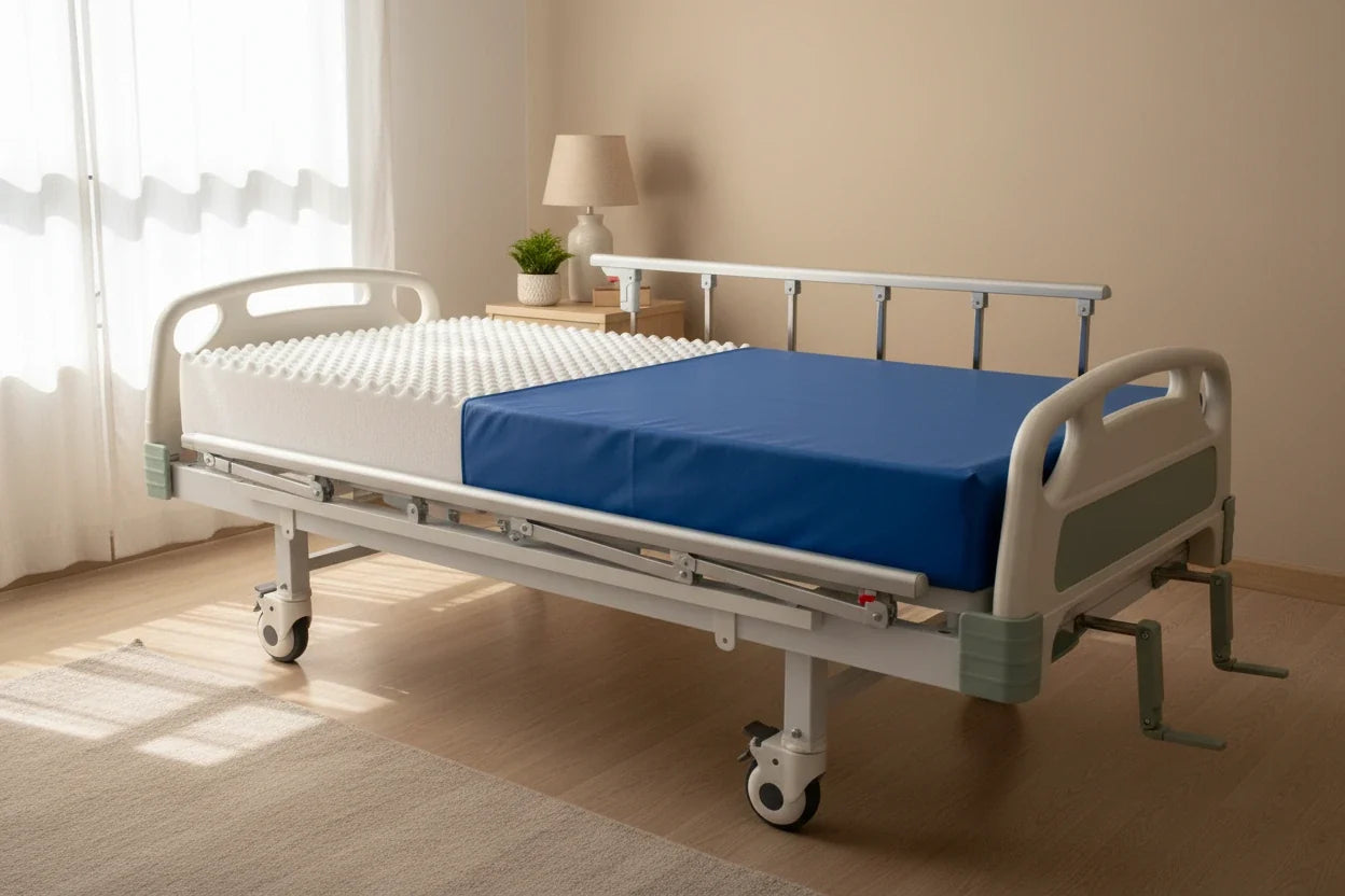Colchón hospitalario SILVER sobre cama articulada para cuidado domiciliario en Colombia