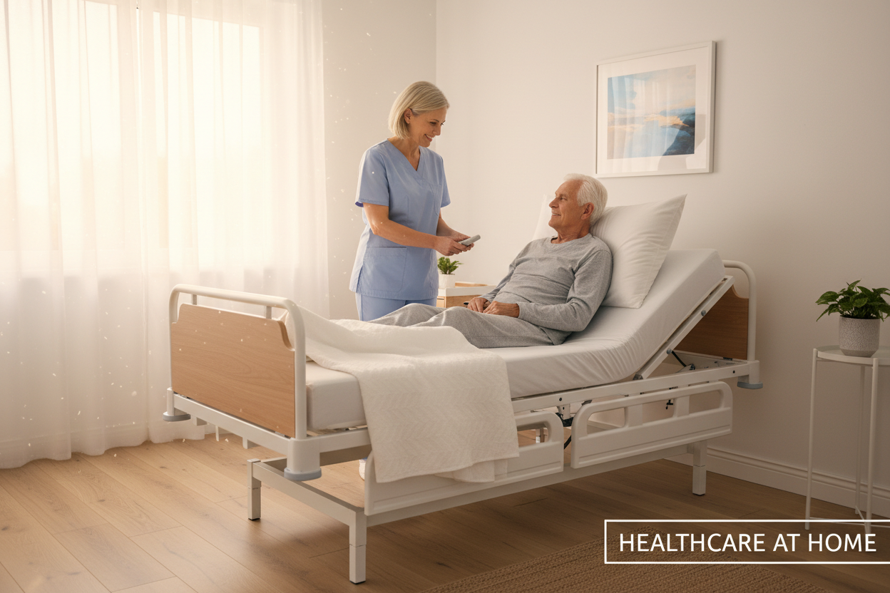 Cama hospitalaria eléctrica en habitación domiciliaria con cuidador - Guía para cuidadores HCT Ortopédicos Colombia
