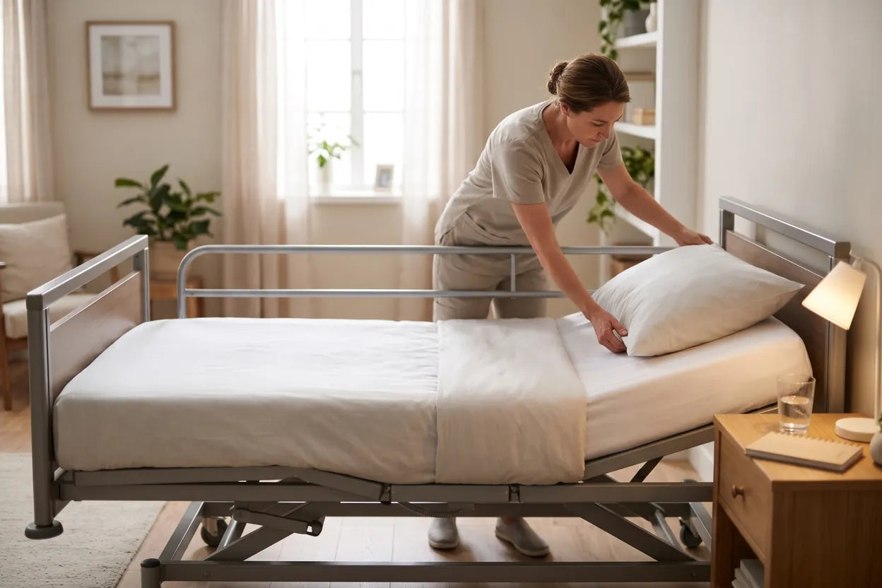 Cuidadora acomodando la almohada de una cama hospitalaria con colchón antiescaras y sábanas blancas