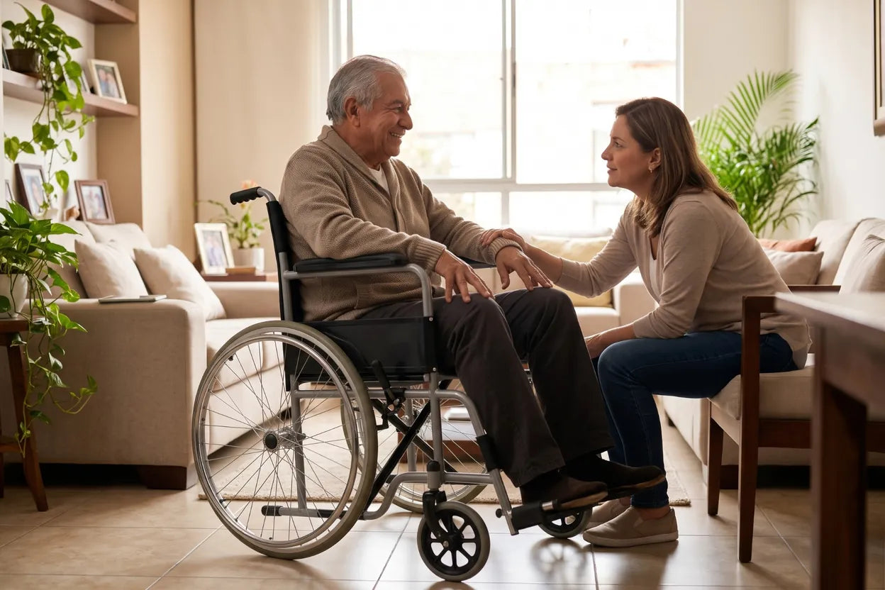 Adulto mayor sonriente en silla de ruedas en la sala de su casa conversando con una familiar