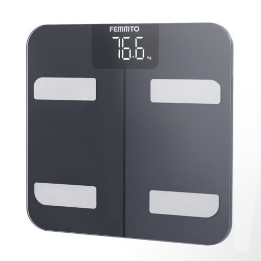 Balanza digital de bioimpedancia Femmto BCS13 con pantalla y sensores para medición de peso y composición corporal.