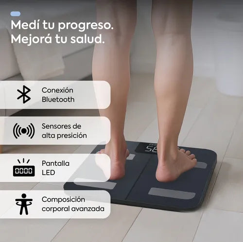 Balanza digital de bioimpedancia Femmto BCS13 con pantalla y sensores para medir peso y composición corporal.