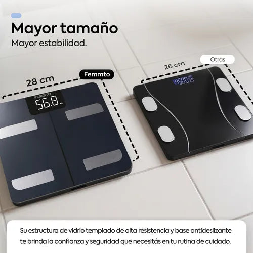 Balanza digital de bioimpedancia Femmto BCS13 mostrando pantalla y superficie de medición para peso y composición corporal