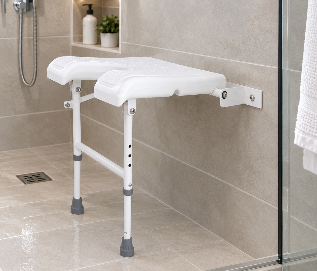 Silla de ducha plegable de Home Care Technology con patas para pared, ideal para ayuda sanitaria y seguridad en el baño. Imagen principal del producto