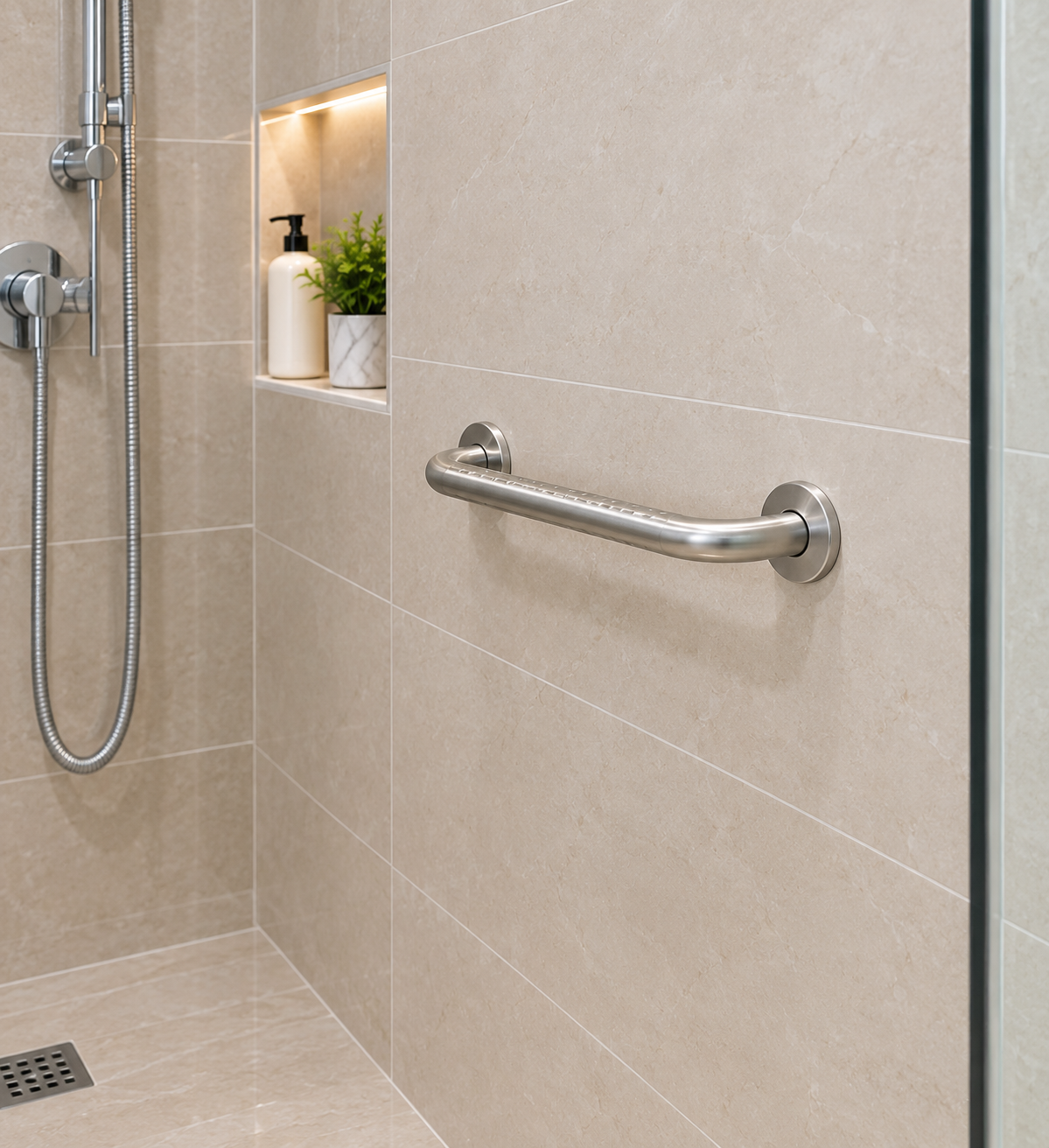 Pasamanos de baño de 45cm de Home Care Technology, ayuda sanitaria para seguridad y apoyo en baño moderno. Imagen principal del producto