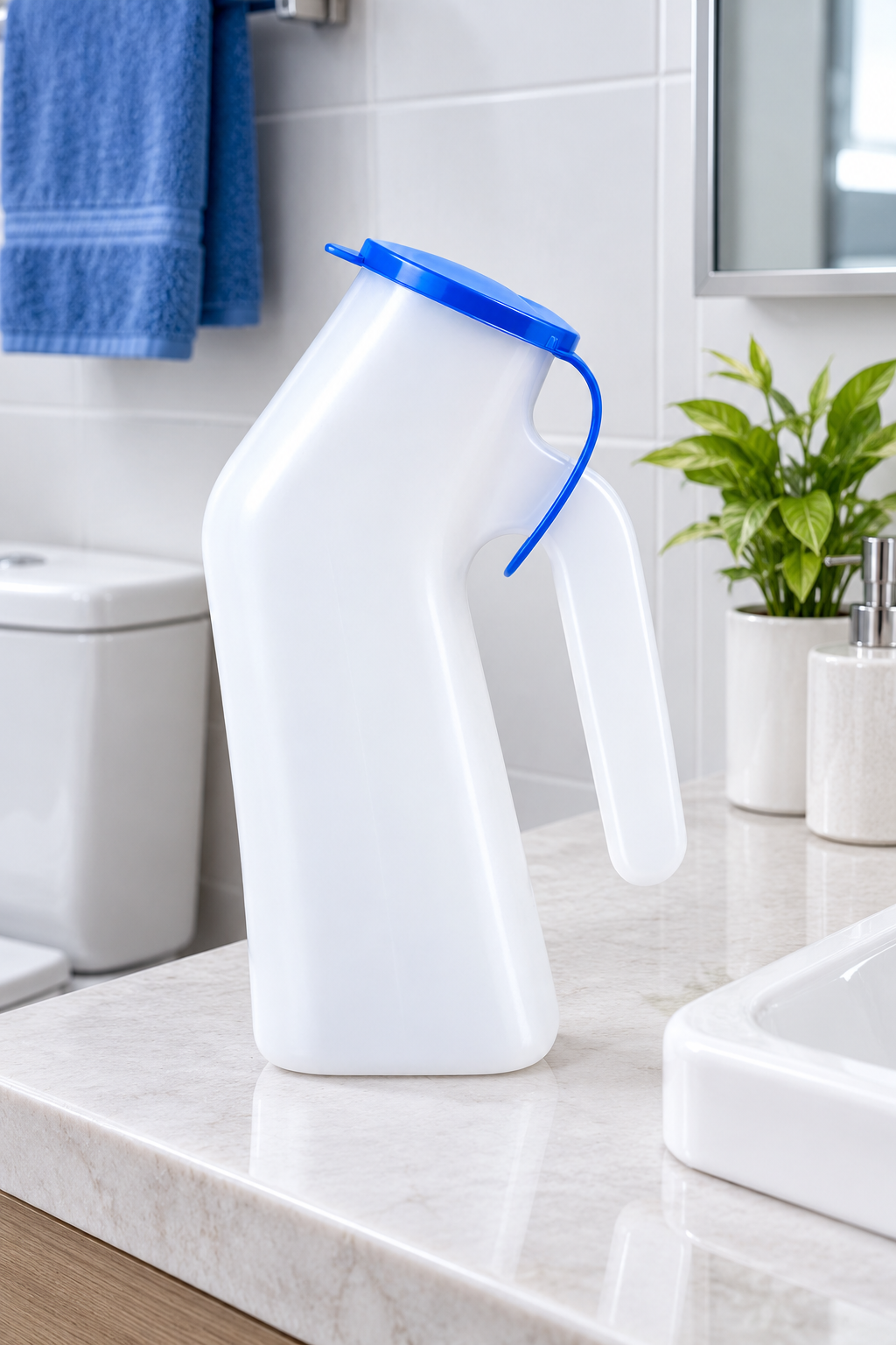 Botella urinaria de plástico de la marca Home Care Technology junto al lavabo, ayuda sanitaria para cuidados médicos. Imagen principal del producto