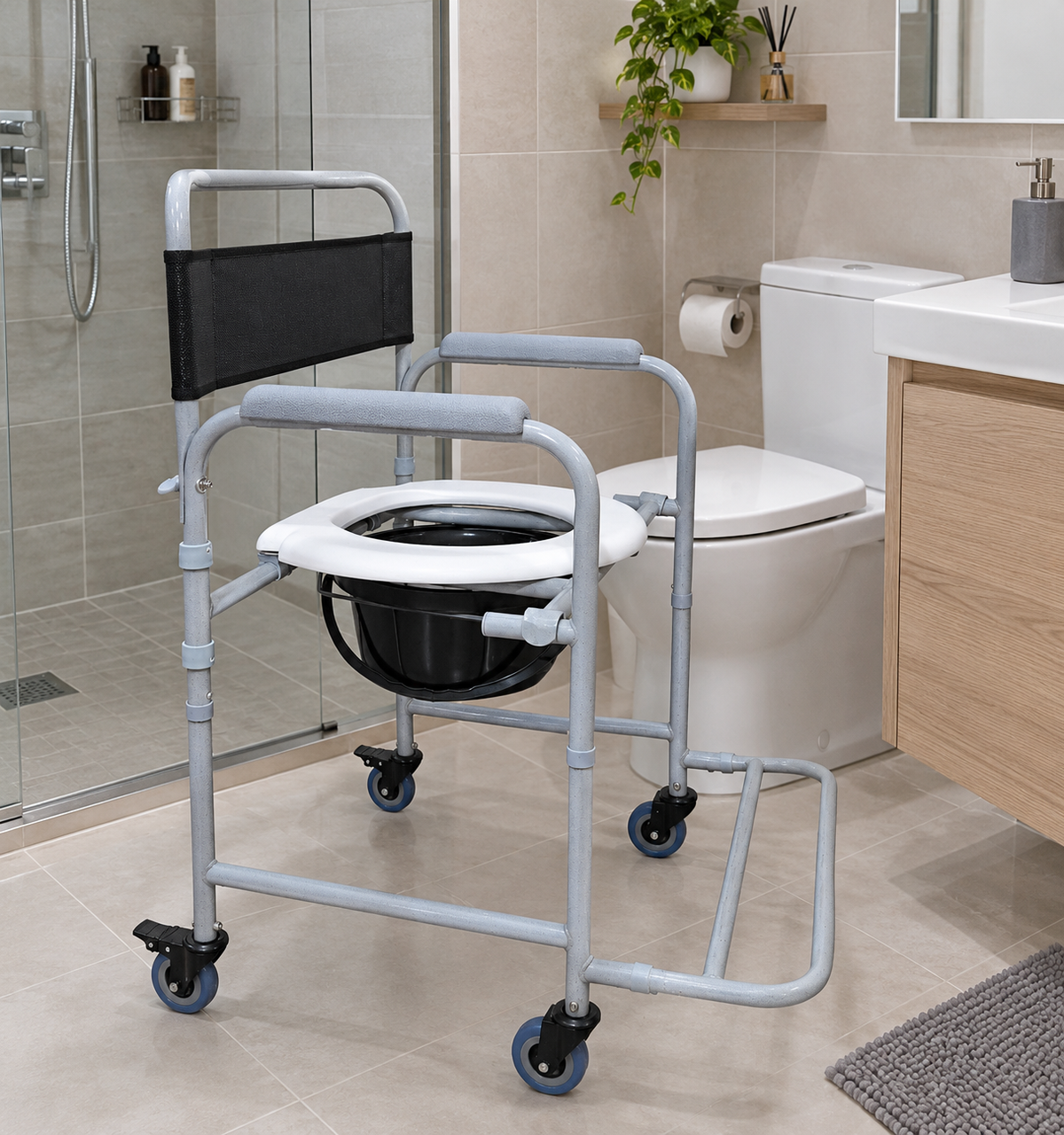 Silla sanitaria y de traslado en acero con espaldar, ayuda sanitaria de Home Care Technology para uso en baño. Imagen principal del producto