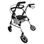 Caminador de lujo Home Care Technology FS965 con asiento, cuatro ruedas y canastilla oscura