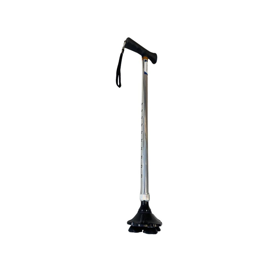 Bastón de regatón Home Care Technology con 4 apoyos, diseño resistente y estable para mayor seguridad y soporte.
