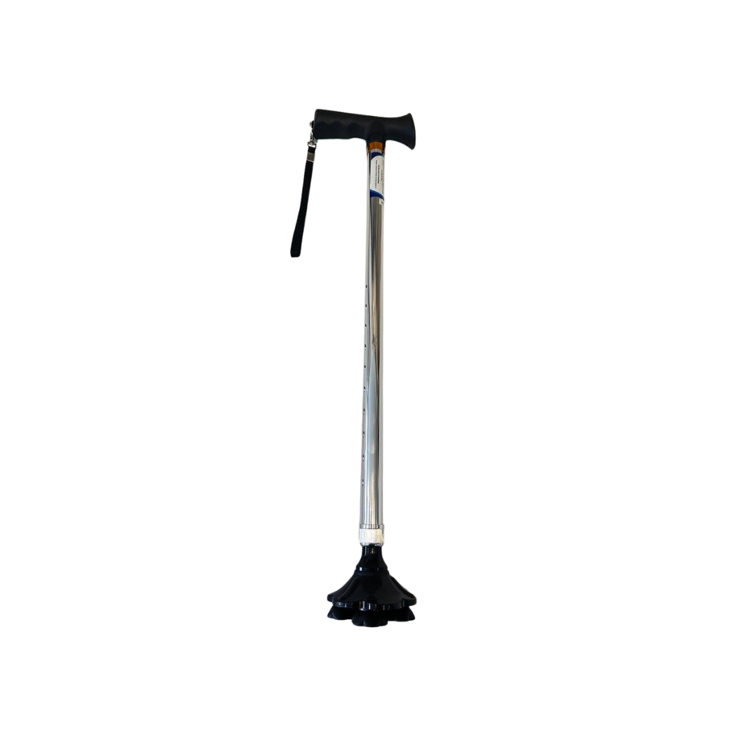 Bastón de regatón Home Care Technology FT216 con 4 apoyos, diseño resistente y estable para mayor seguridad y soporte.
