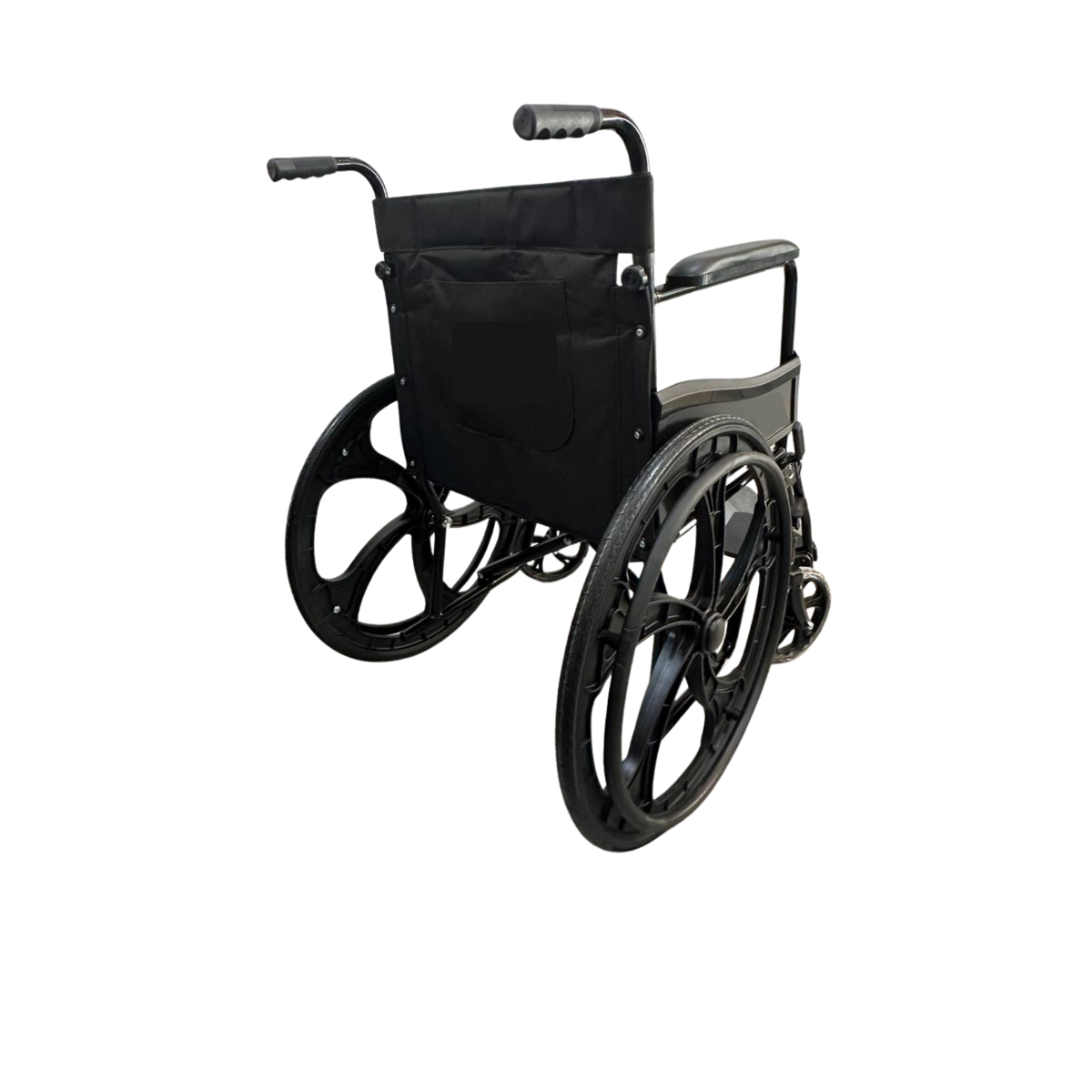 Silla de ruedas estándar FT520P de Home Care Technology, vista lateral con marco negro y asiento acolchado.