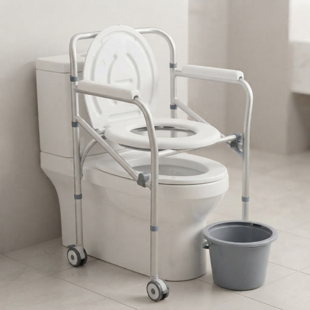 Silla sanitaria con ruedas en aluminio FT701 de Home Care Technology, con respaldo y reposabrazos para ayuda sanitaria. Imagen principal del producto