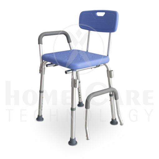 Silla de ducha azul con brazos de ayuda sanitaria Home Care Technology, estructura resistente y asiento cómodo.