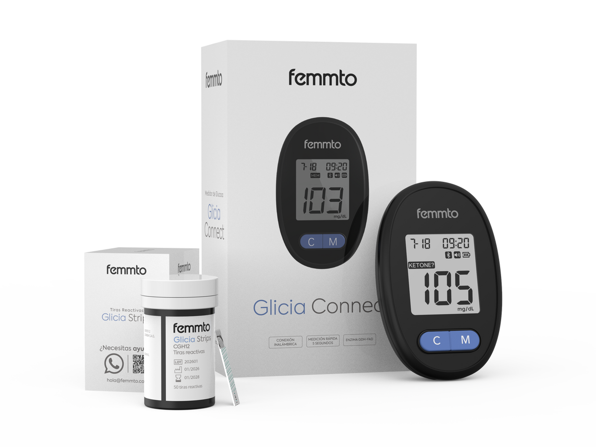 Kit medidor de glucosa Glucometro digital Glicia Connect de Home Care Technology, muestra la pantalla y componentes del diagnóstico. Imagen principal del producto