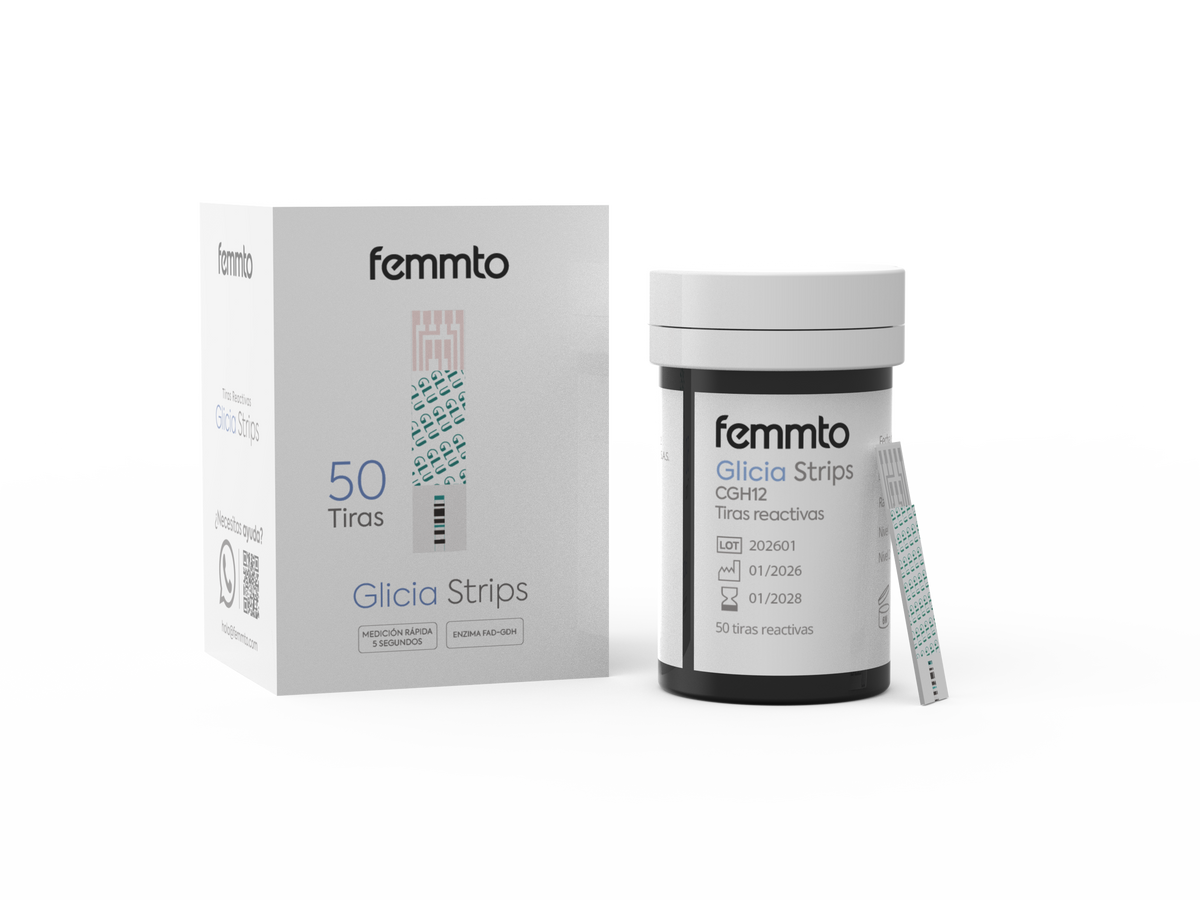 Tiras reactivas de glucosa FEMMTO para medición de glucemia, paquete con varias tiras diagnóstico para control de azúcar en sangre. Imagen principal del producto
