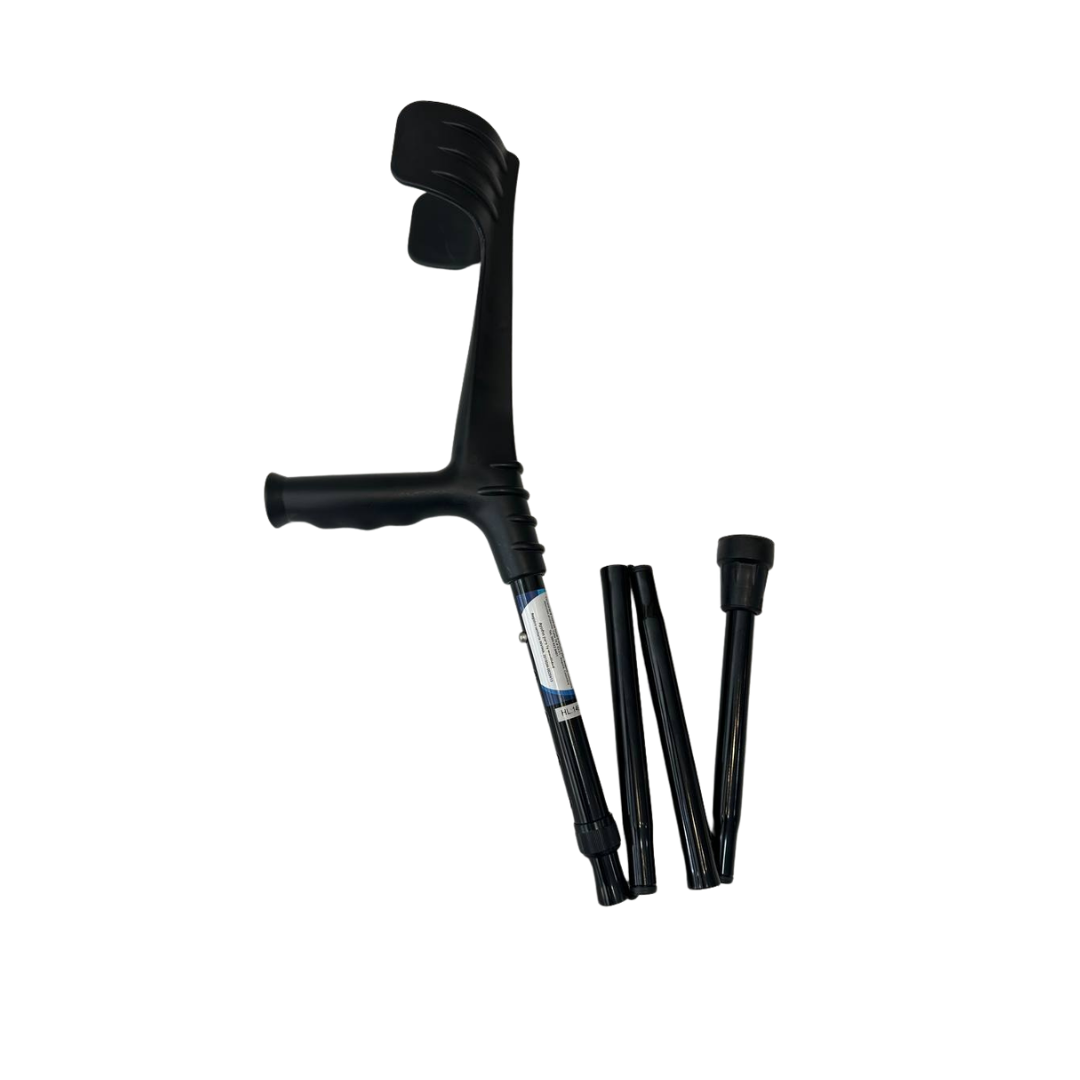 Muleta plegable negra de la marca Home Care Technology, ideal para apoyo y movilidad, mostrada en la imagen. Imagen principal del producto