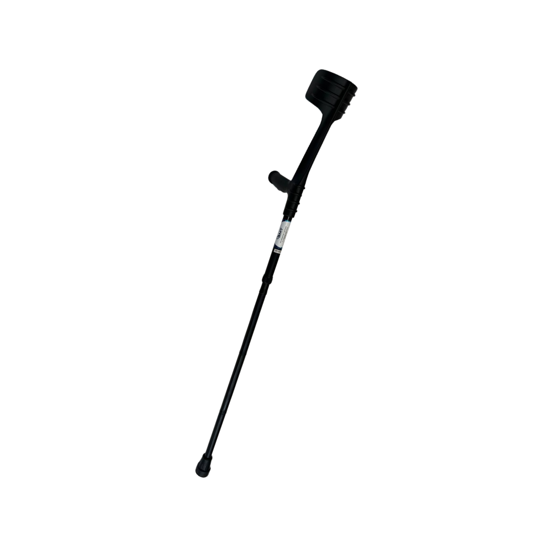 Muleta plegable negra de la marca Home Care Technology, diseñada para apoyo y movilidad, en color negro con detalles cromáticos.