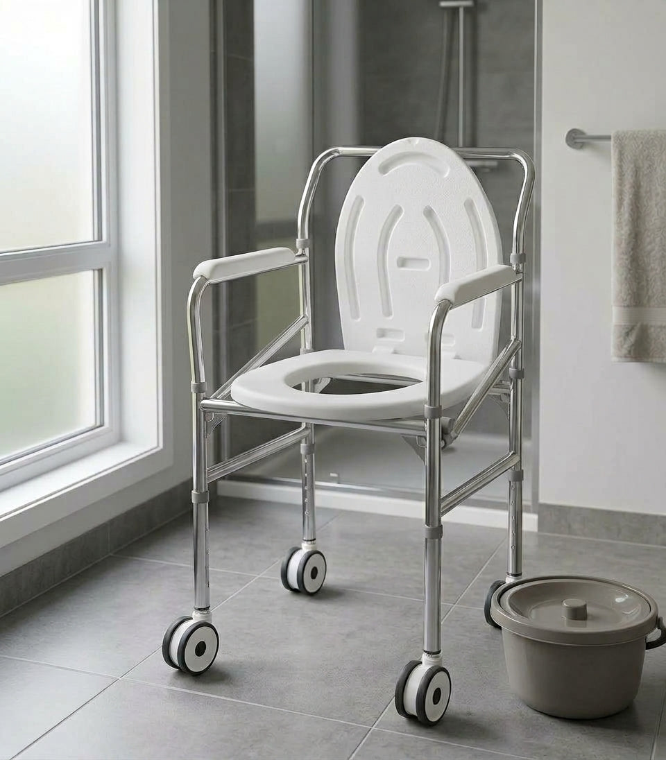 Silla sanitaria y de ducha en acero cromado con ruedas de la marca Home Care Technology para ayuda sanitaria. Imagen principal del producto