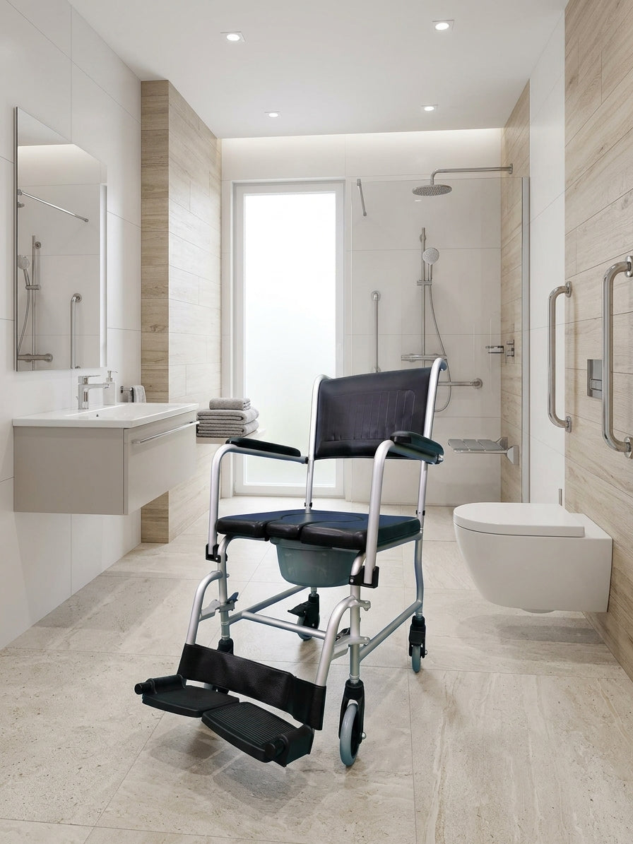 Silla sanitaria Home Care Technology con accesorios removibles, diseñada para ayuda sanitaria y comodidad. Imagen principal del producto