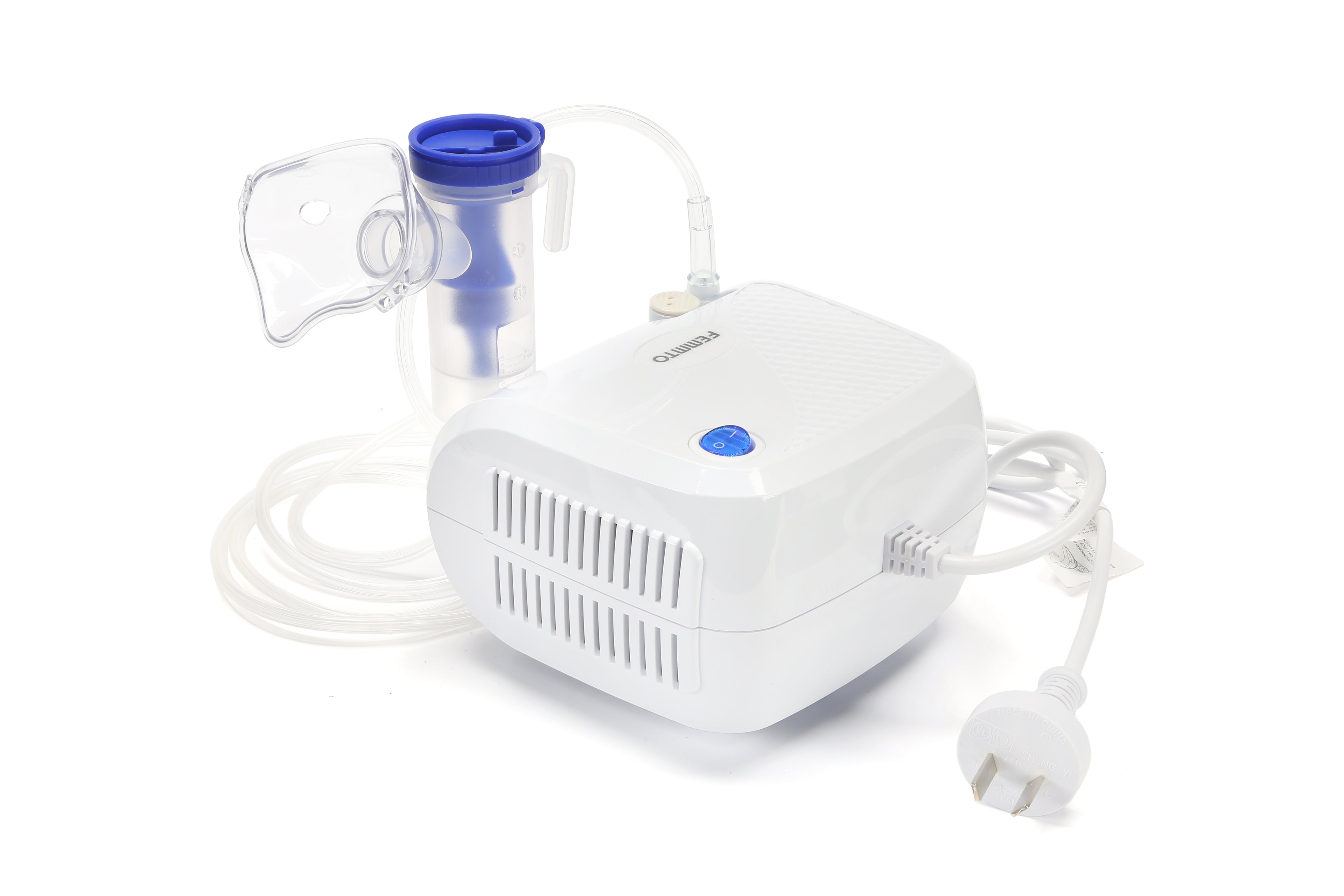 Nebulizador a pistón Femmto BC68001 para adultos, mostrando el dispositivo compacto y su boquilla en la imagen.
