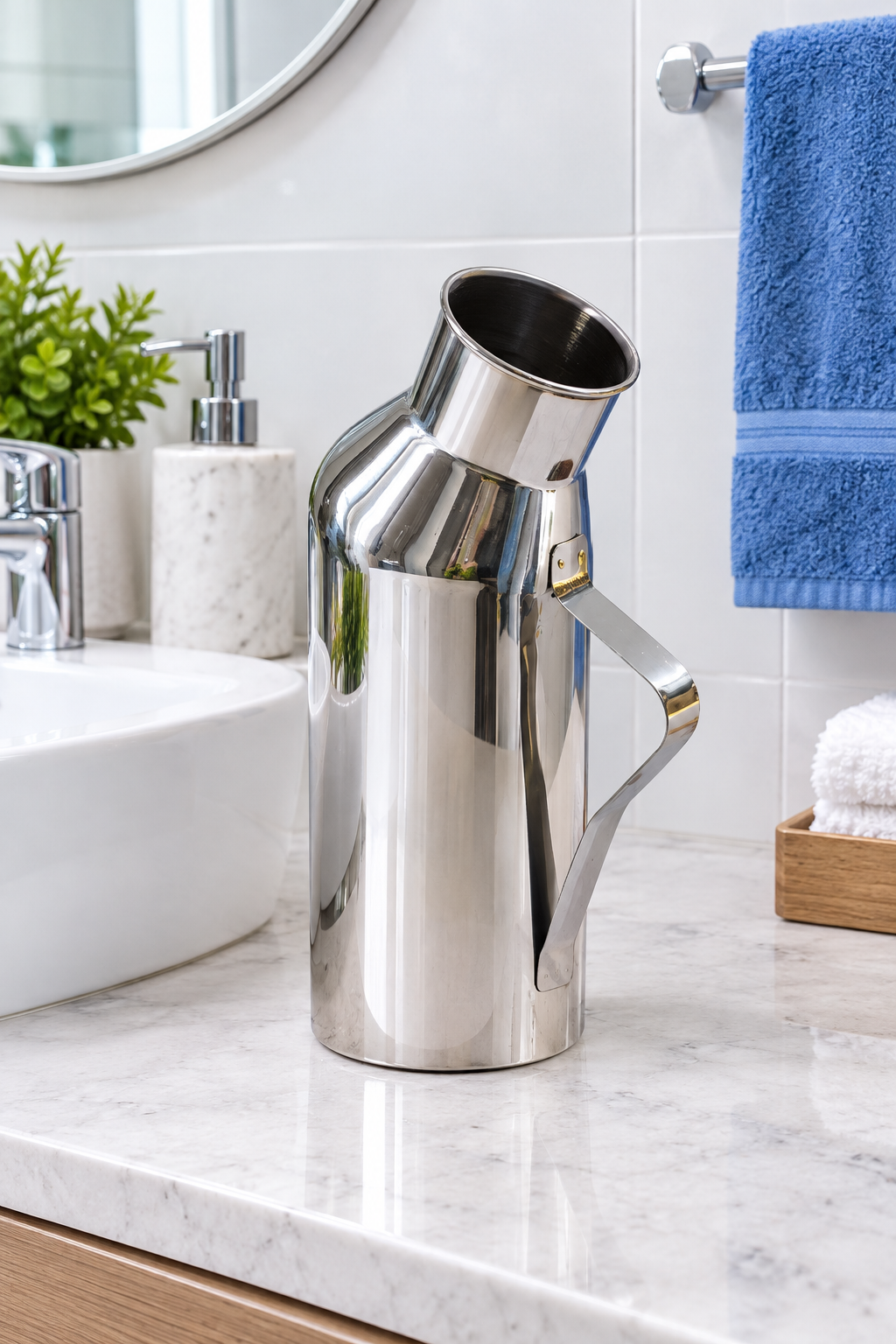 Jarra de acero inoxidable para ayuda sanitaria, diseñada para uso en baño moderno, de la marca Home Care Technology. Imagen principal del producto