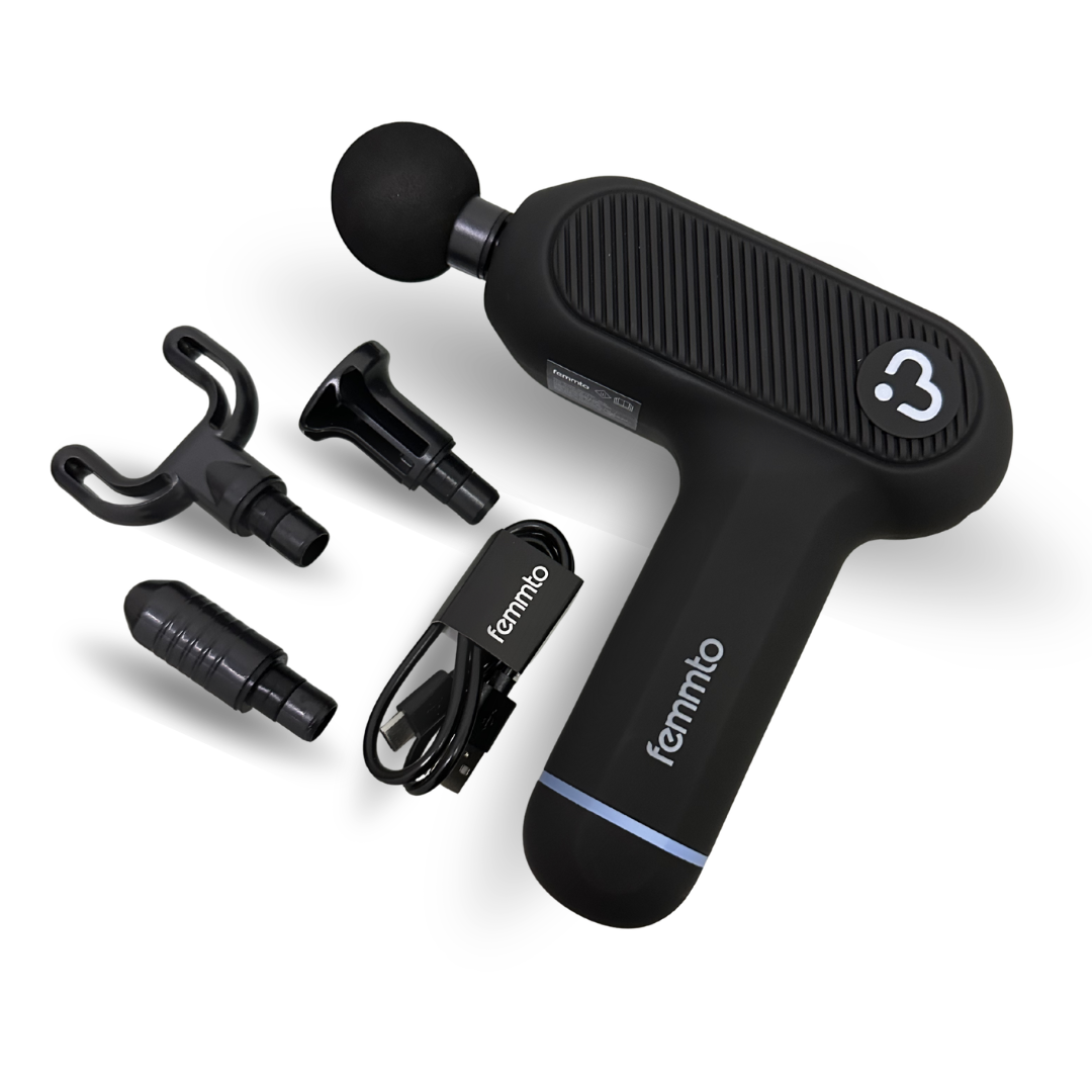 Masajeador deportivo tipo pistola negro de la línea Beauty de HOME CARE TECHNOLOGY, vista lateral en imagen. Imagen principal del producto