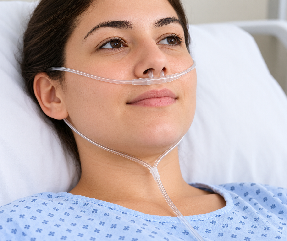 Mujer usando cánula nasal de oxígeno para adultos, accesorio de 15 metros de la marca Home Care Technology