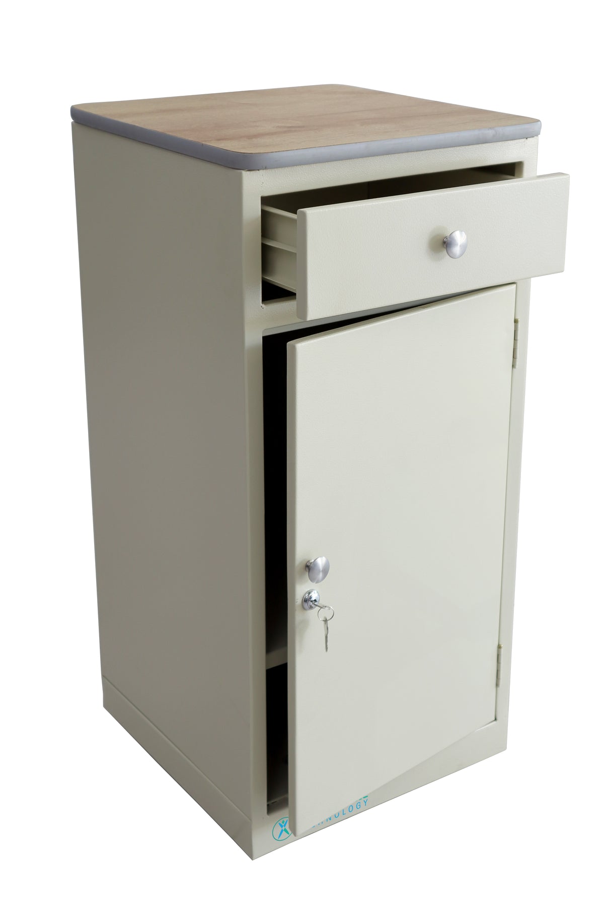 Mesa de noche NHLM-TP Home Care Technology abierta con compartimentos de almacenamiento visible