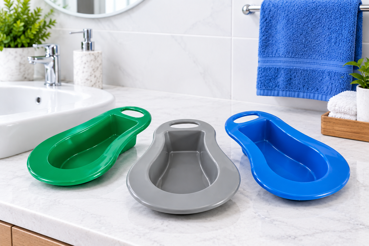 Pato coprológico en plástico de la marca Home Care Technology, ayuda sanitaria para uso en baño moderno. Imagen principal del producto