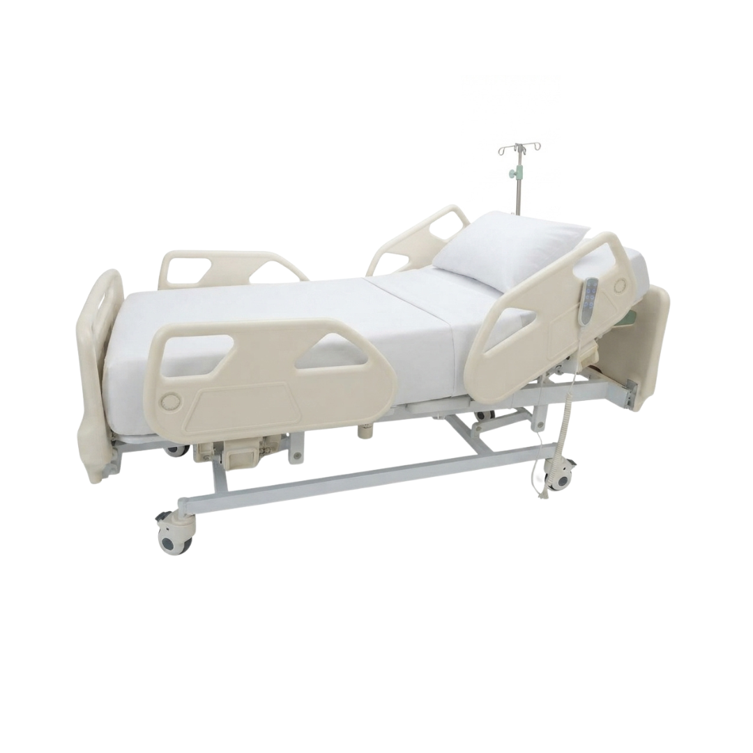 Cama hospitalaria eléctrica CE312 de Home Care Technology, con estructura metálica y controles ajustables, diseñada para atención médica.