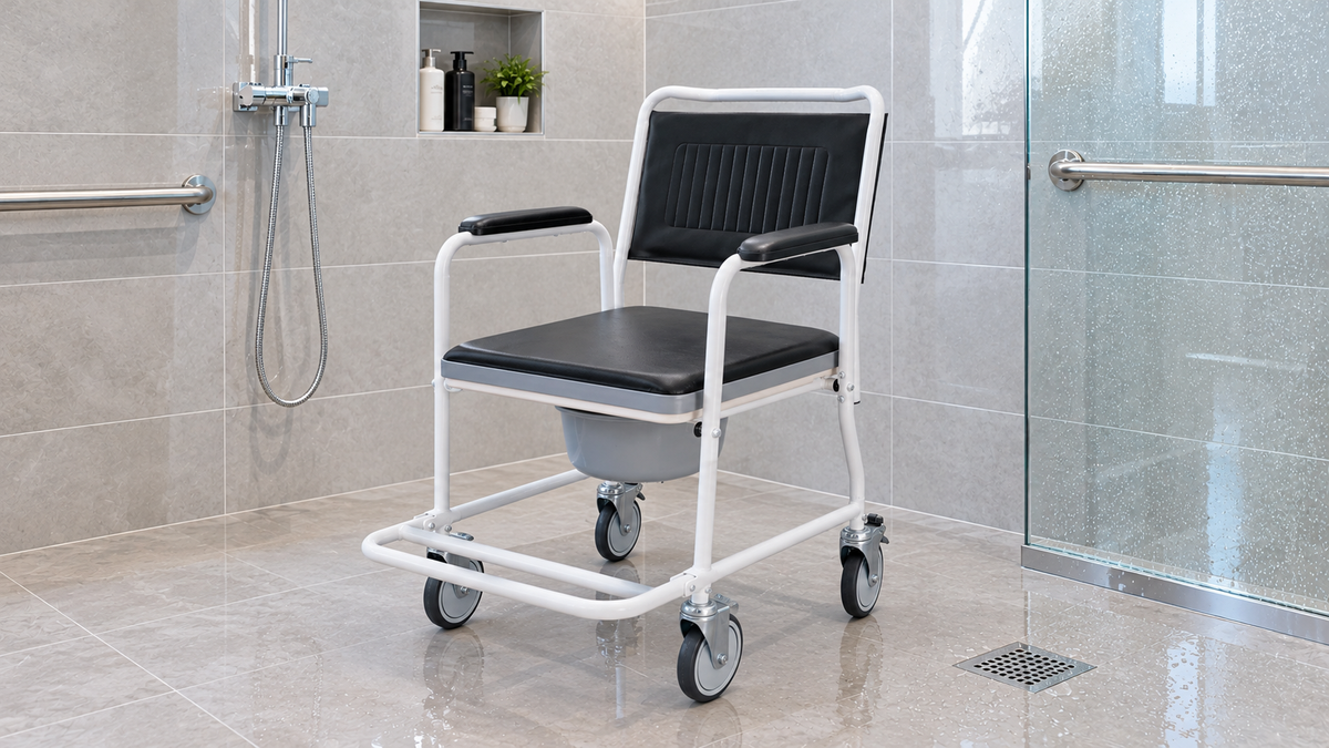Silla sanitaria con asiento blando y piecero de Home Care Technology en baño moderno para accesibilidad y comodidad. Imagen principal del producto