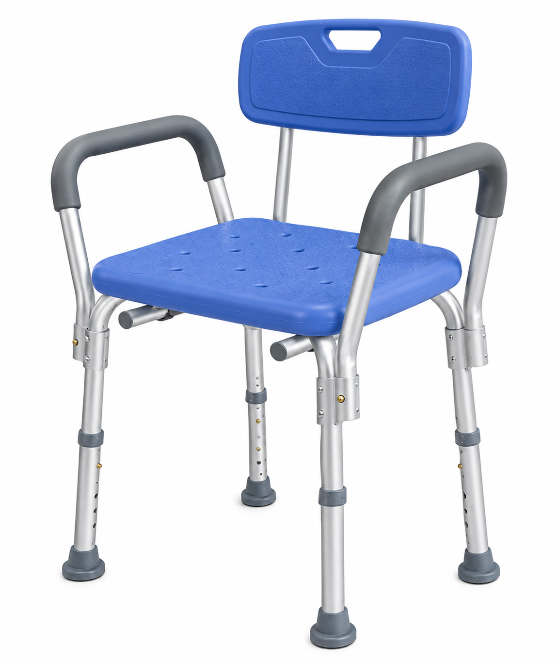 Silla de ducha azul con brazos ajustables de Home Care Technology, ayuda sanitaria para baño con estructura resistente y cómoda.