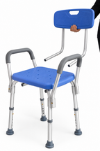 Silla de ducha azul con brazos y respaldo desmontable de Home Care Technology, ayuda sanitaria para higiene y seguridad.