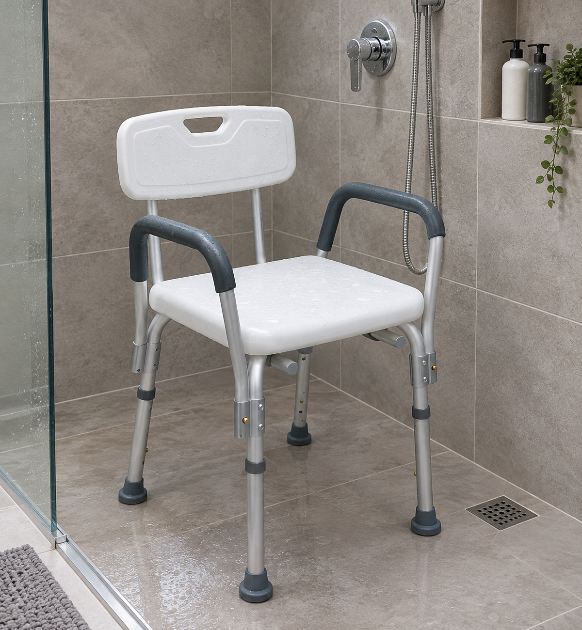 Silla de ducha con brazos removibles de Home Care Technology, ayuda sanitaria para baño moderno y seguridad en la ducha. Imagen principal del producto