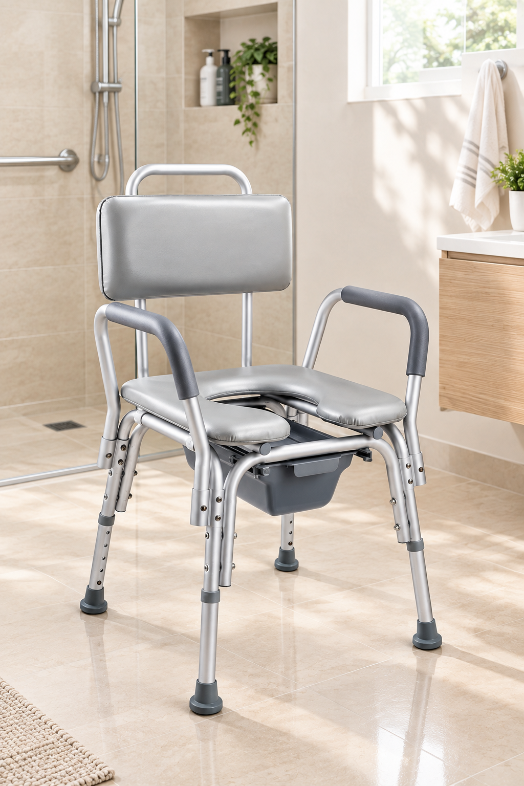 Silla sanitaria con asiento blando de Home Care Technology, ideal para baño moderno y ayuda sanitaria confiable. Imagen principal del producto