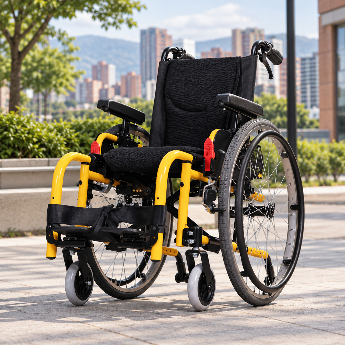 Silla de ruedas Karma Flexx Junior amarilla en una plaza urbana