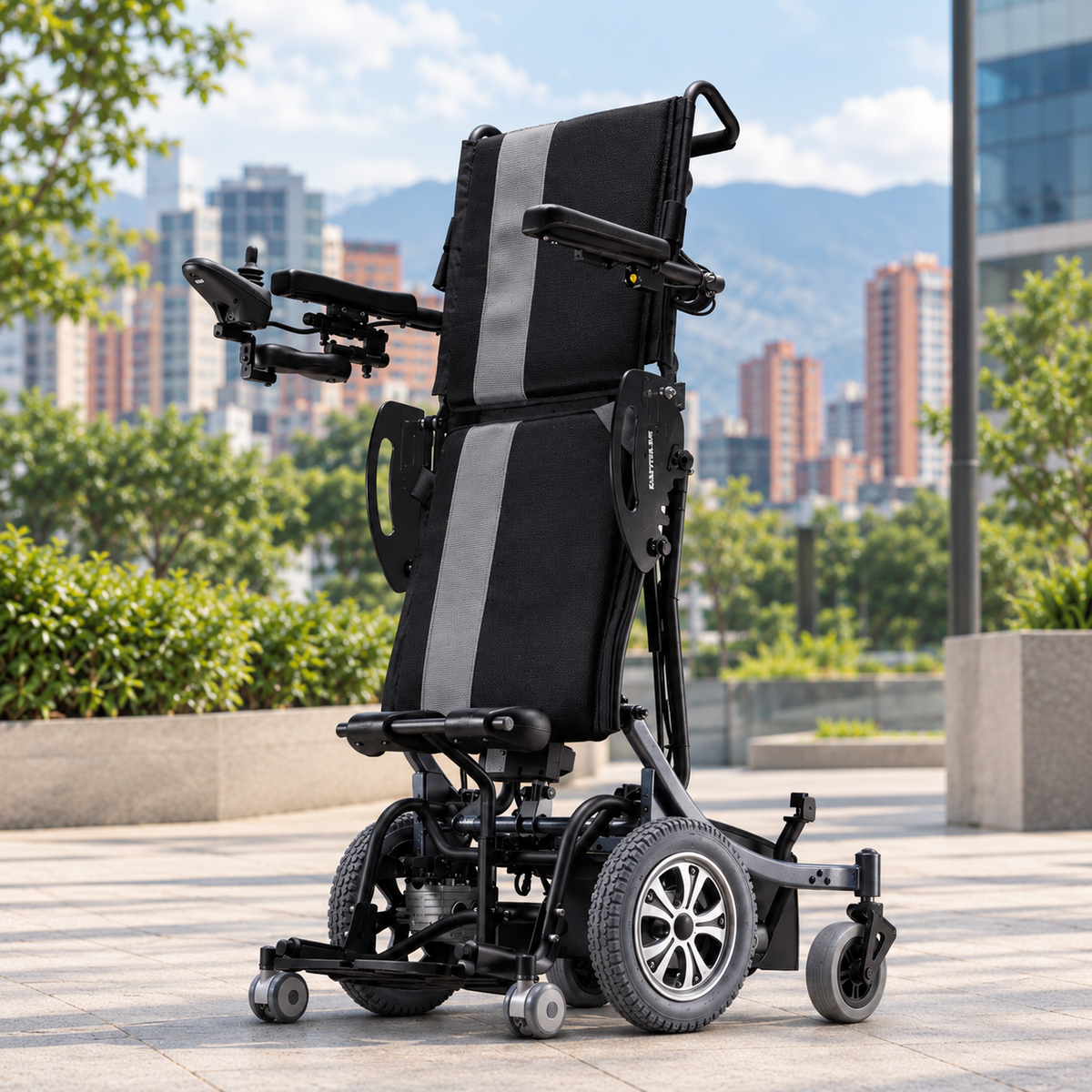 Silla de ruedas eléctrica Karma Ergo Stand en plaza urbana