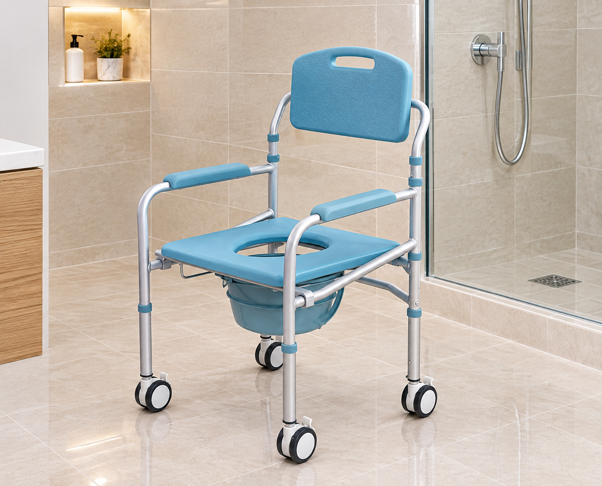 Silla sanitaria azul de aluminio en baño moderno, ayuda sanitaria de Home Care Technology para apoyo y seguridad. Imagen principal del producto