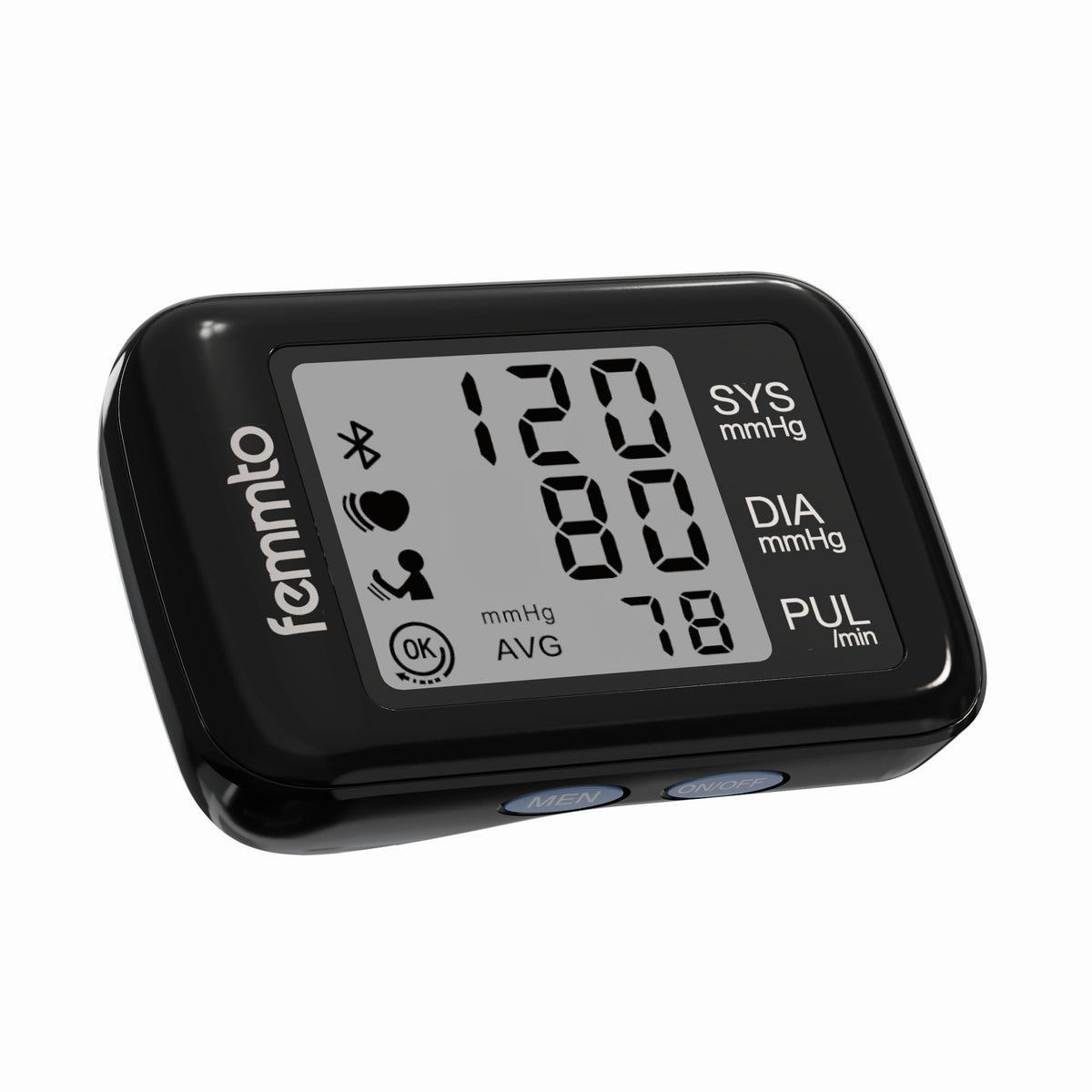 Tensiómetro digital de muñeca Home Care Technology KF-75W, diagnóstico, mostrando pantalla con lectura de presión arterial.