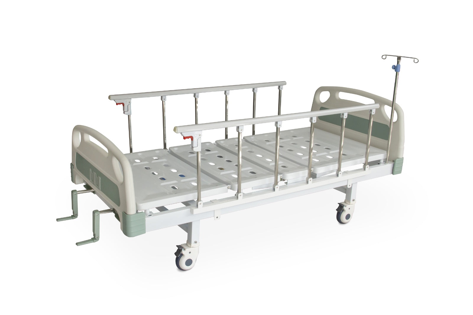 Cama hospitalaria manual CM317 de Home Care Technology, estructura metálica, ruedas y cabecera ajustable en un entorno hospitalario Imagen principal del producto
