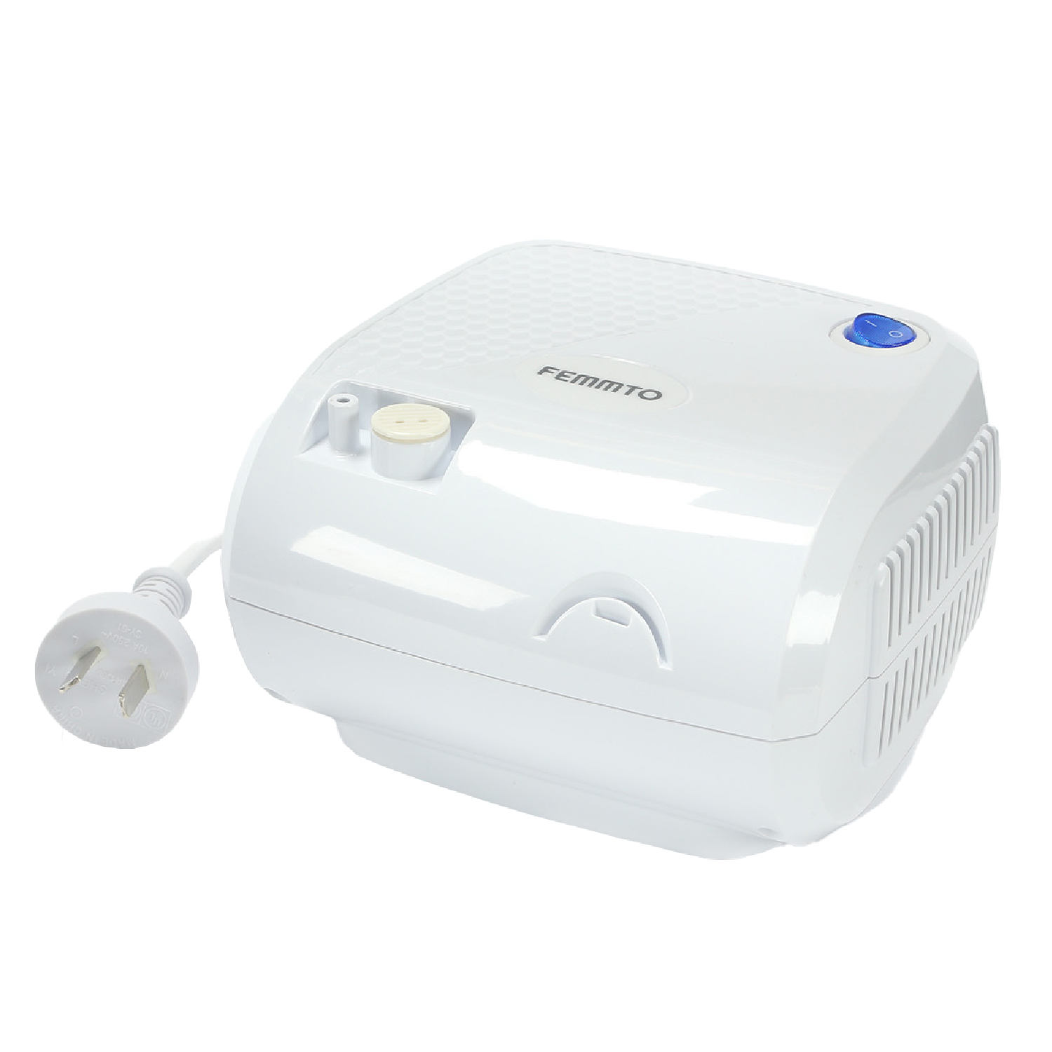 Nebulizador a pistón para adultos Femmto BC68001, muestra el dispositivo con boquilla y componentes en la imagen.