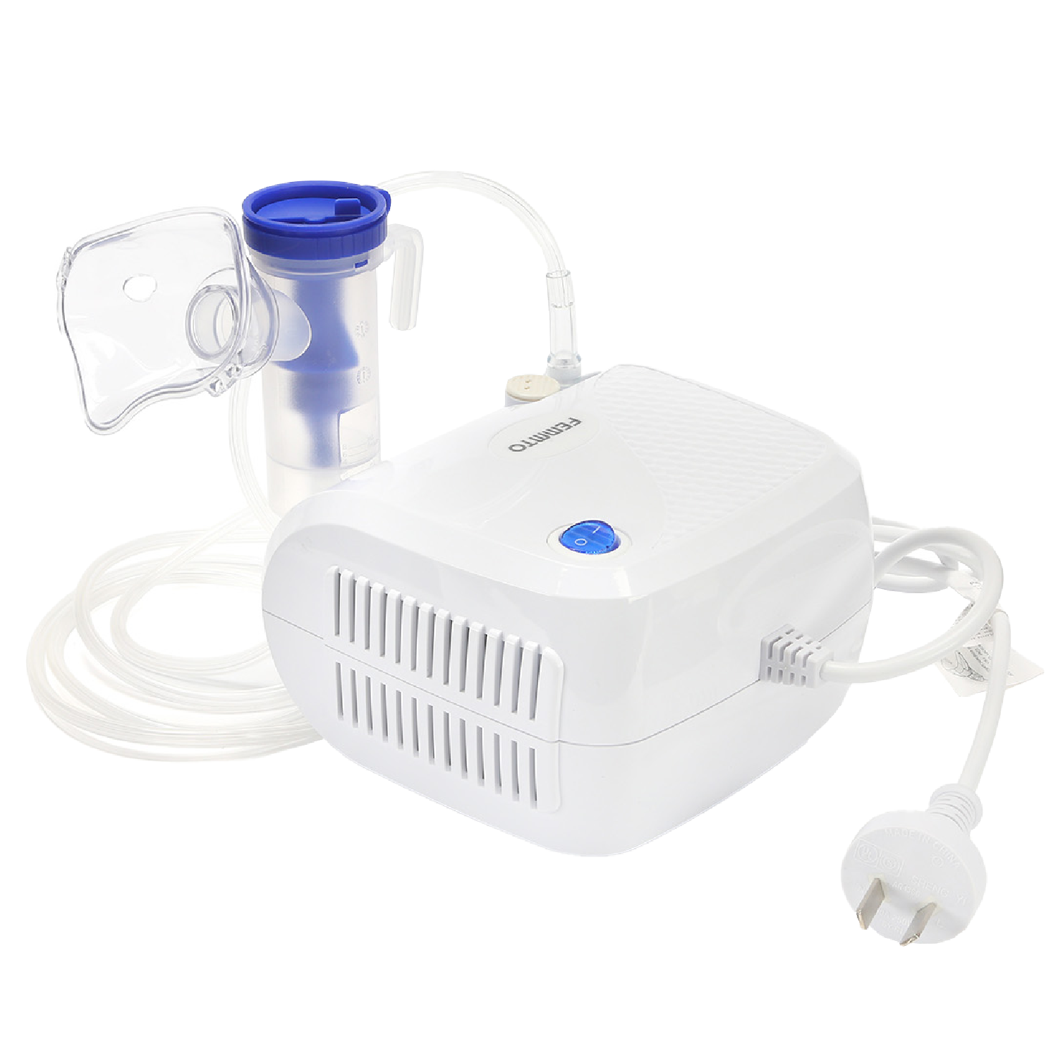 Nebulizador a pistón Femmto BC68001 para adultos, visible en primer plano, con componentes y manguera en la imagen.